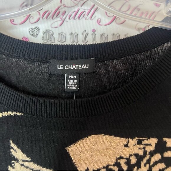 Le Chateau sweater top cheetah 🐆 cat animal knit Black Top with Gold Pattern - Picture 5 of 7